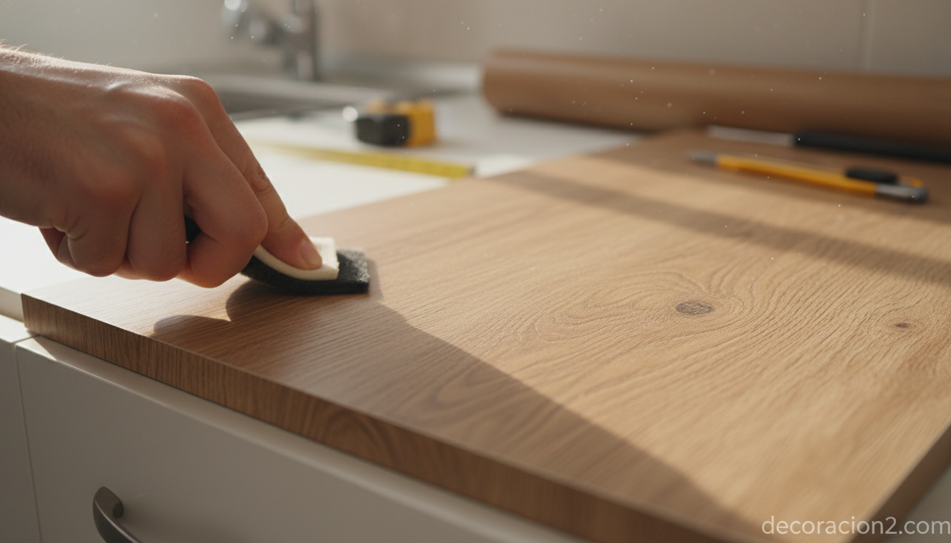 Vinilos decorativos para muebles: ideas, materiales y consejos para renovar tu hogar 3 Aplicación de vinilo decorativo imitación madera en puerta de mueble de cocina