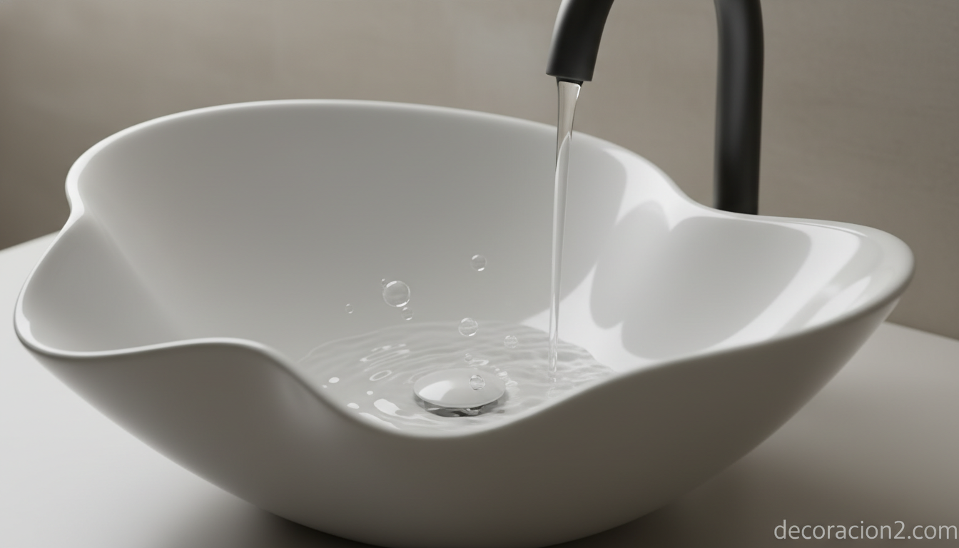 Detalle de lavabo escultórico de cerámica con grifería negra minimalista