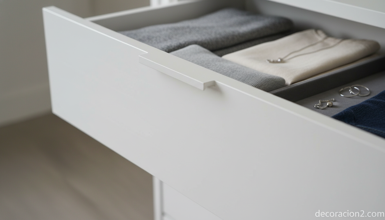 Detalle de cajón abierto de cómoda Malm con ropa ordenada