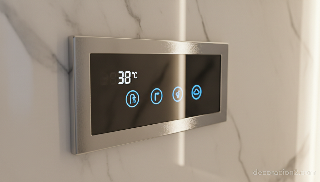 Ducha Water Tiles de Jacob Delafon: hidroterapia y diseño minimalista para tu baño 3 Panel digital DTV de la ducha Water Tiles para controlar temperatura y jets
