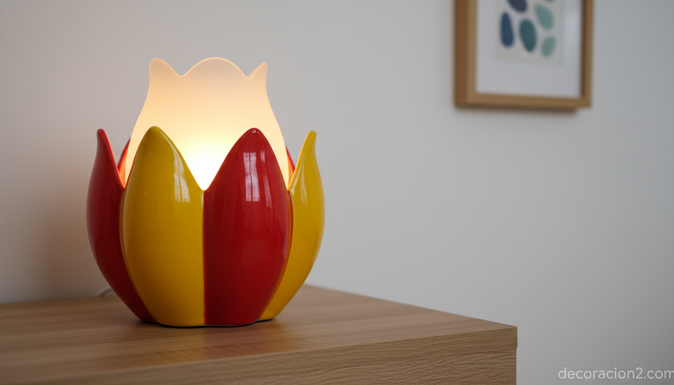 Detalle de lámpara de mesa con forma de flor en cerámica colorida