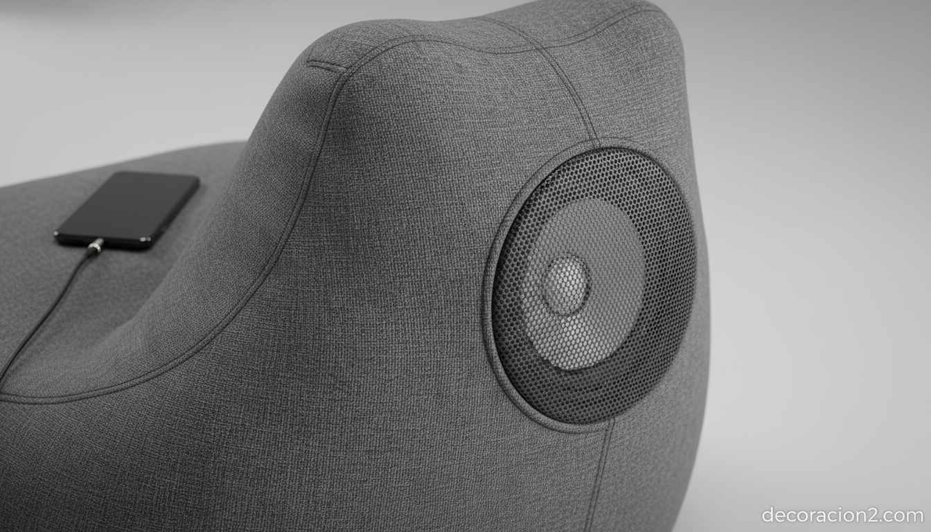 Detalle de altavoces integrados en el respaldo de un puff moderno