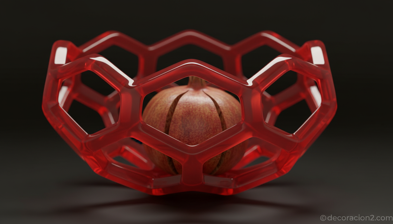 Detalle macro de frutero de acrílico rojo con estructura modular tipo panal