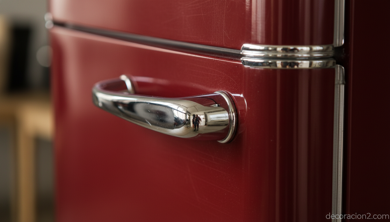Detalle del tirador cromado de un frigorífico retro Gorenje en rojo burdeos