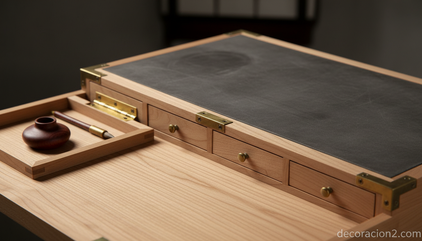 Detalle del escritorio japonés Gentleman's Workbench con cuero y madera