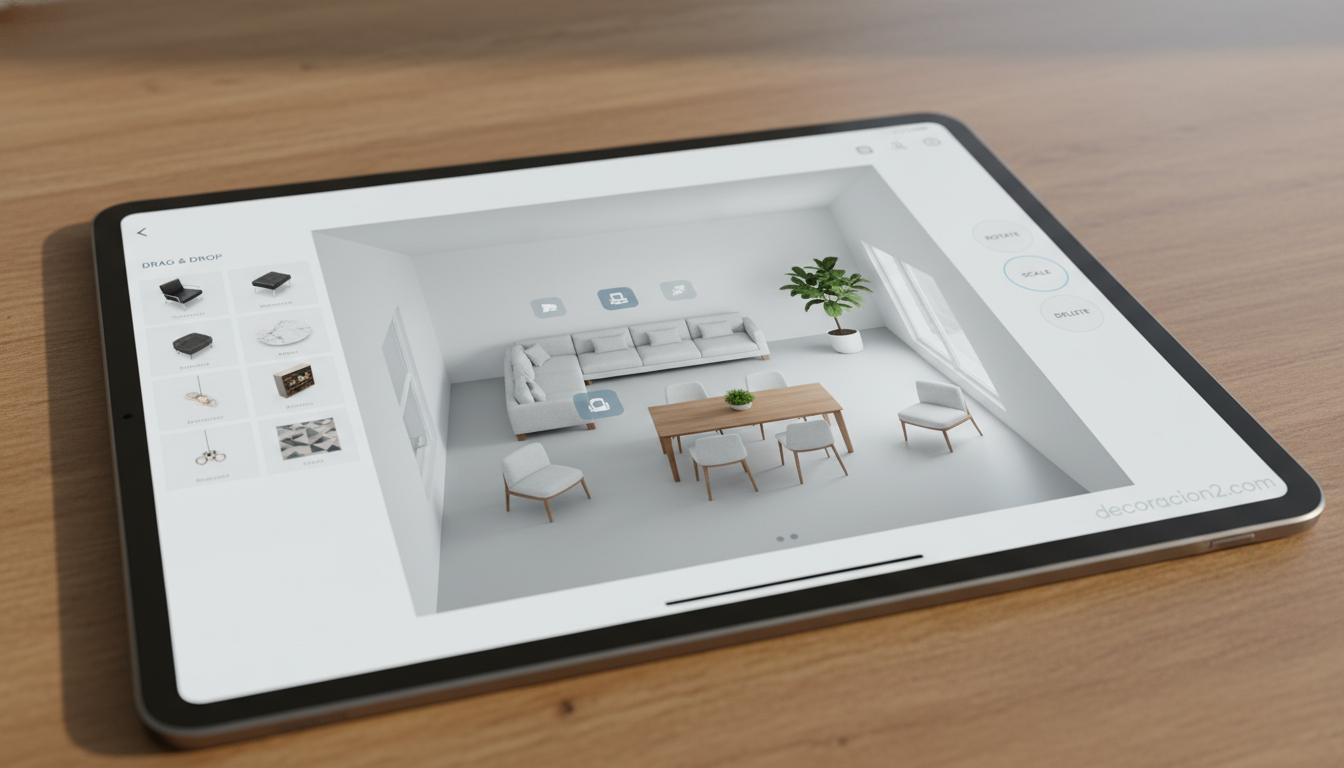 App de simulador 3D de interiores en tablet con planta y biblioteca de muebles