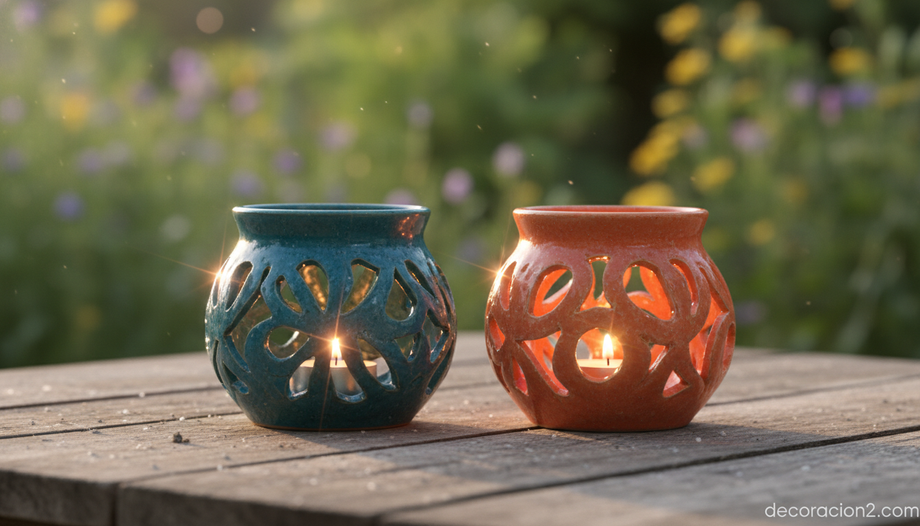 Iluminación de diseño para jardín: guía para crear ambientes mágicos al aire libre 1 Candelabros cerámicos de colores con velas encendidas en mesa de jardín