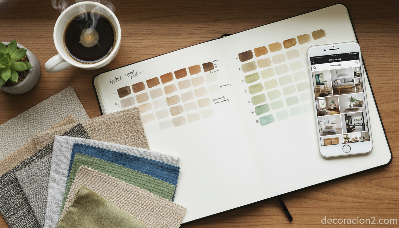 Inspiración decoración online: plataformas, canales y herramientas para renovar tu hogar 1 Moodboard digital con muestras de color y aplicación de decoración en móvil