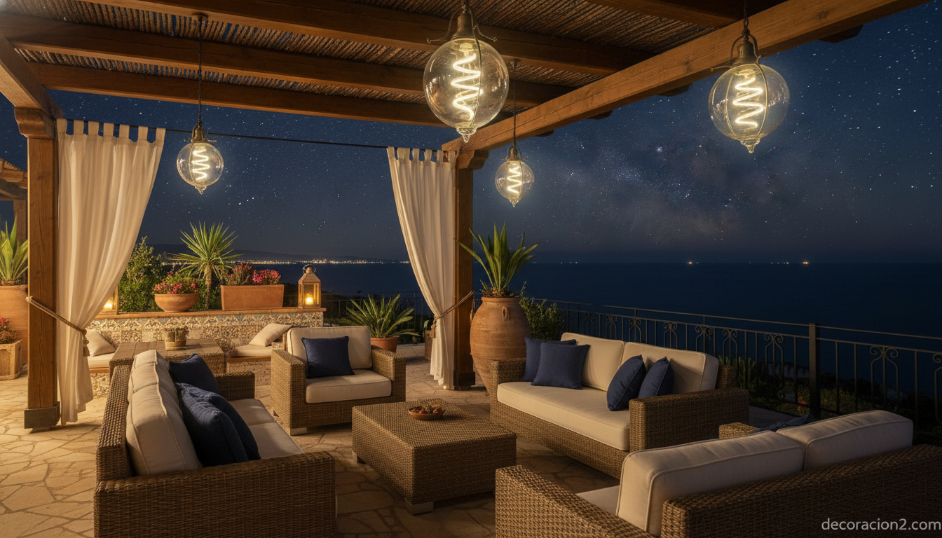 Lámparas que se activan con el viento: Firewinder y la iluminación eólica para tu jardín 2 Lámparas eólicas iluminando una terraza costera con vistas al mar