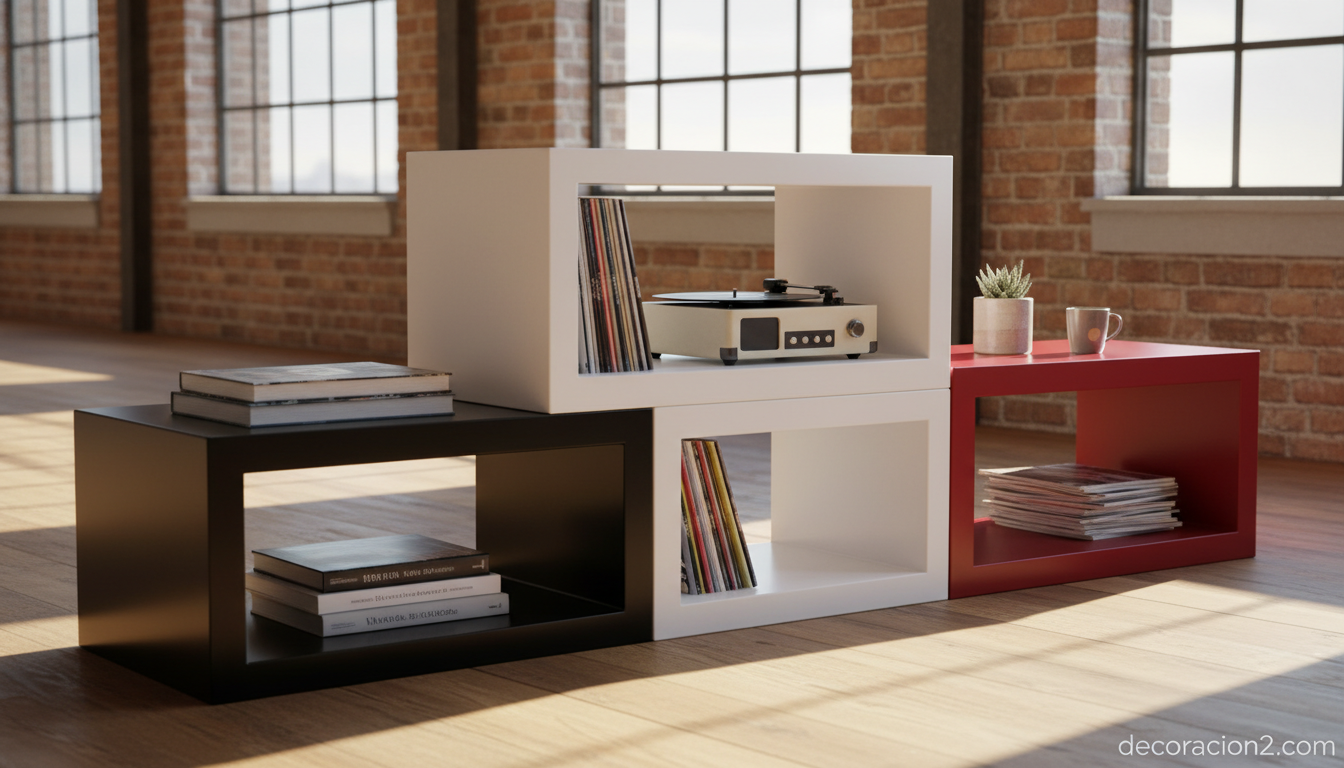 Varias mesas CU de Kristalia combinadas en blanco negro y rojo en un loft contemporáneo