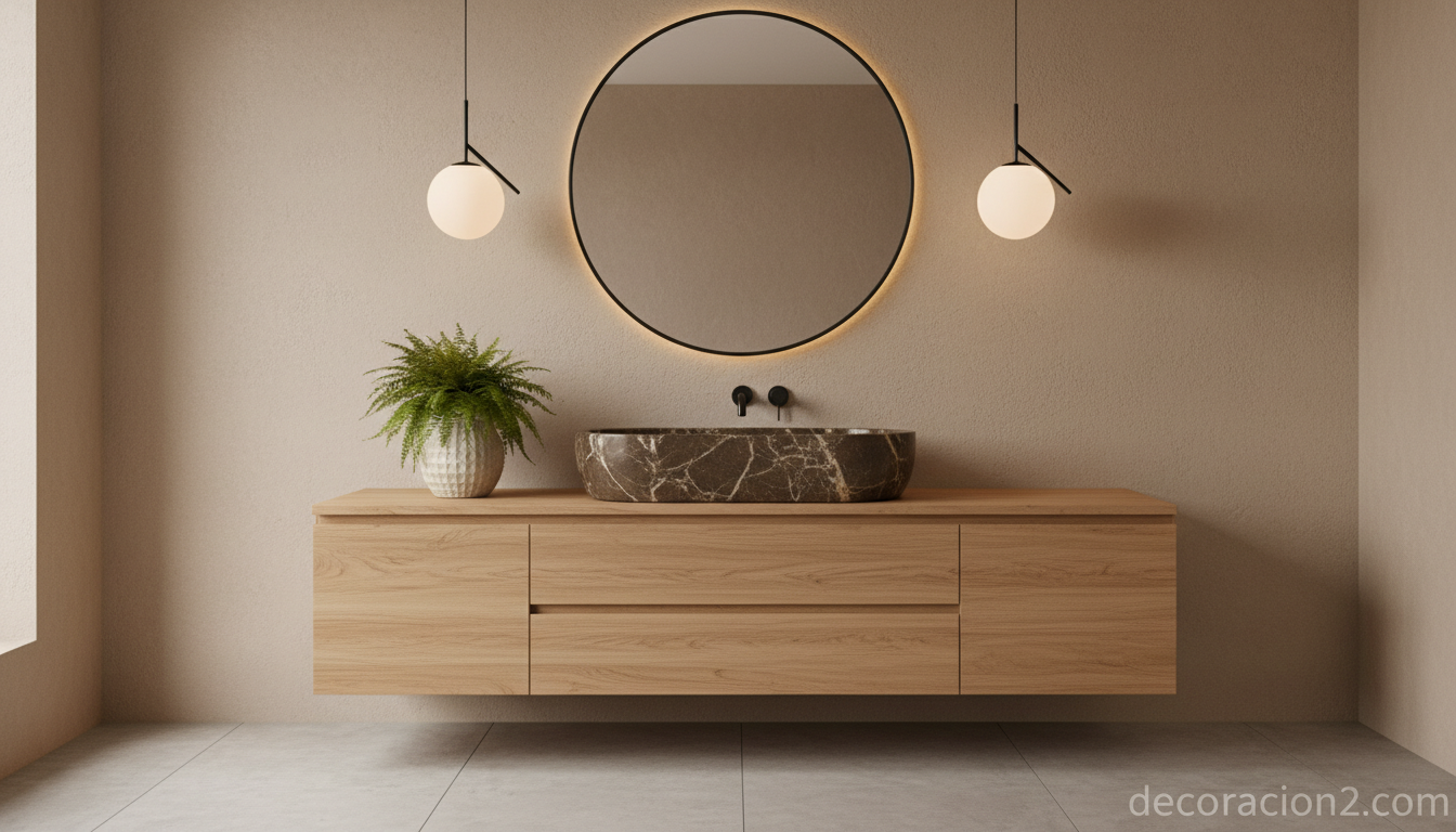 Lavabo escultórico de mármol Emperador sobre encimera de madera de roble