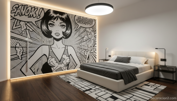 Contemporary Italian designer bedroom featuring a bold graphic black and white comic art wardrobe with stylized woman illu... Muebles de diseño inspirados en cómic con gráfica blanco y negro en dormitorio contemporáneo