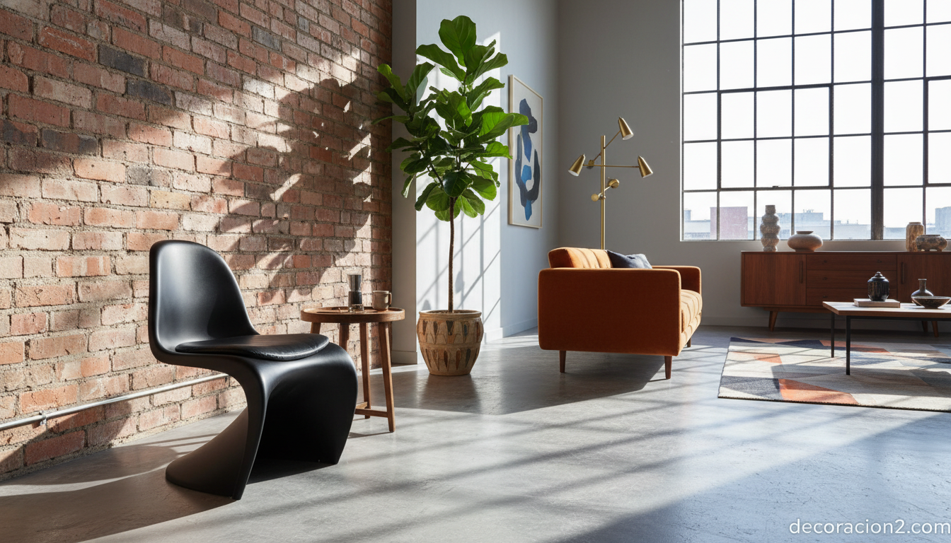 Silla Vanity en versión negra con asiento de cuero en loft urbano contemporáneo