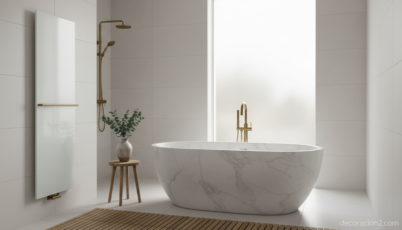Radiador de cristal blanco en baño moderno con bañera y toallero integrado