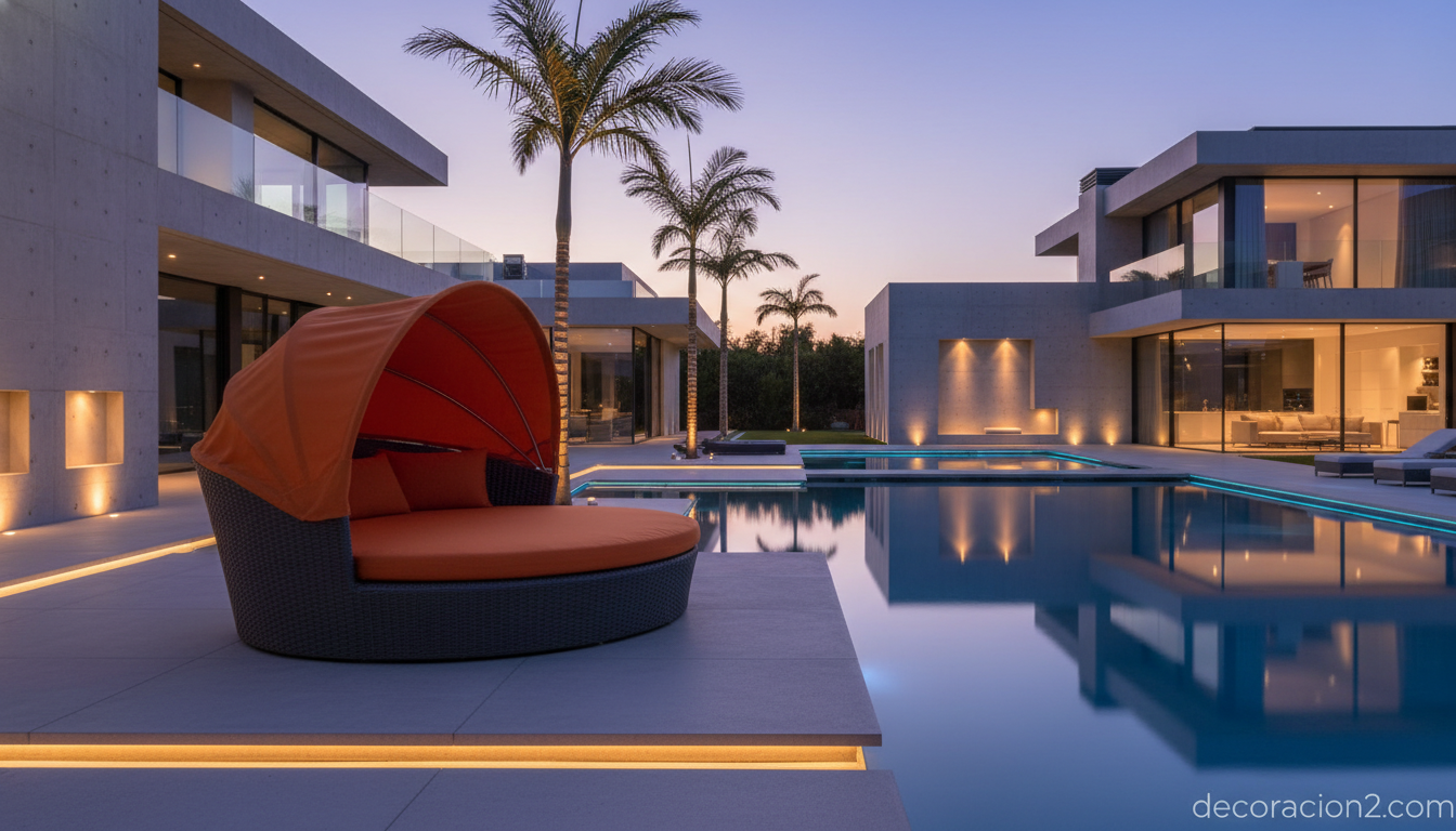 Daydream de Dedon: el daybed de exterior con dosel para tu jardín 2 Daybed Daydream de Dedon junto a la piscina en una terraza contemporánea al atardecer