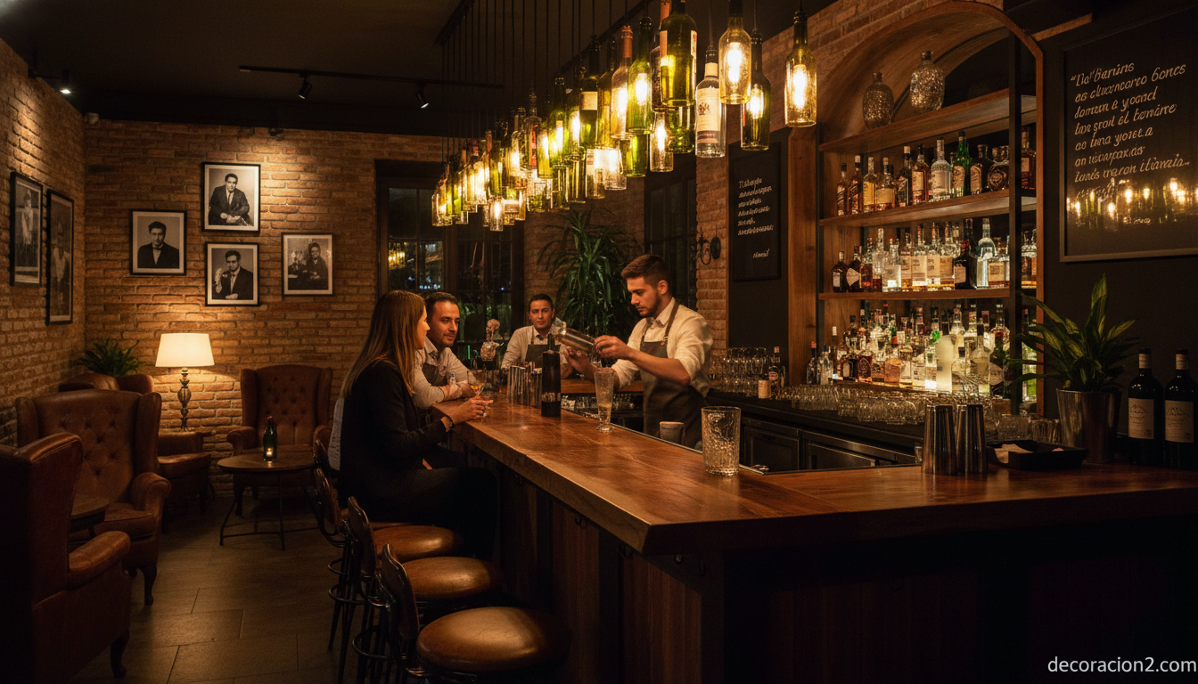 Lámparas recicladas de botellas iluminando un bar de coctelía