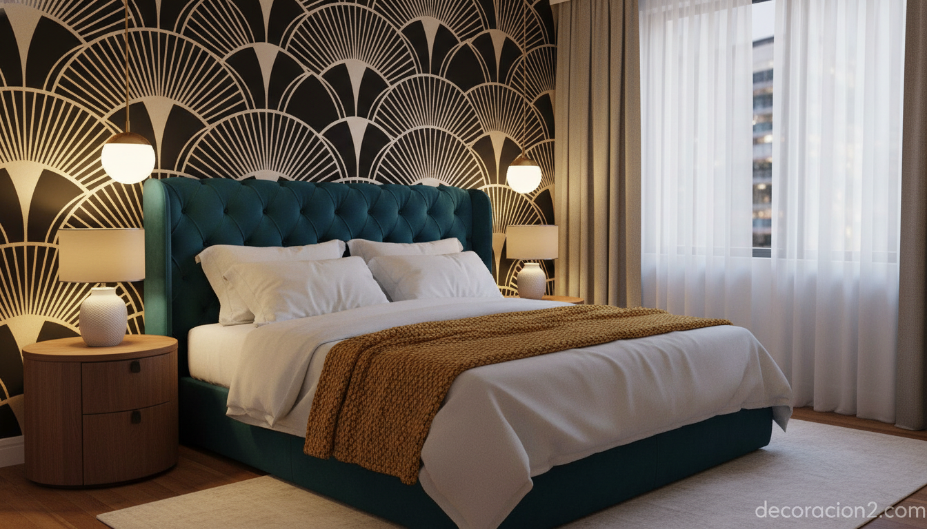 Dormitorio con papel pintado geométrico art decó detrás del cabecero y lámparas dorada