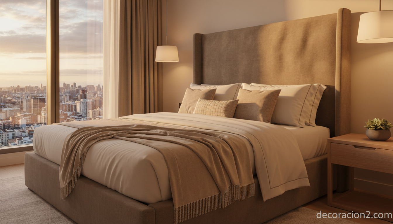 Dormitorio de hotel boutique con cama inteligente perfectamente hecha y luz cálida