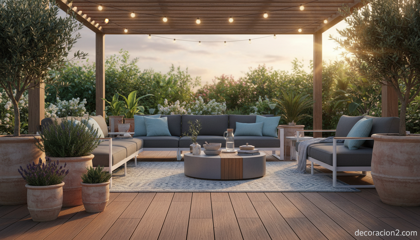 Terraza moderna con mobiliario y plántas de catálogo de jardín
