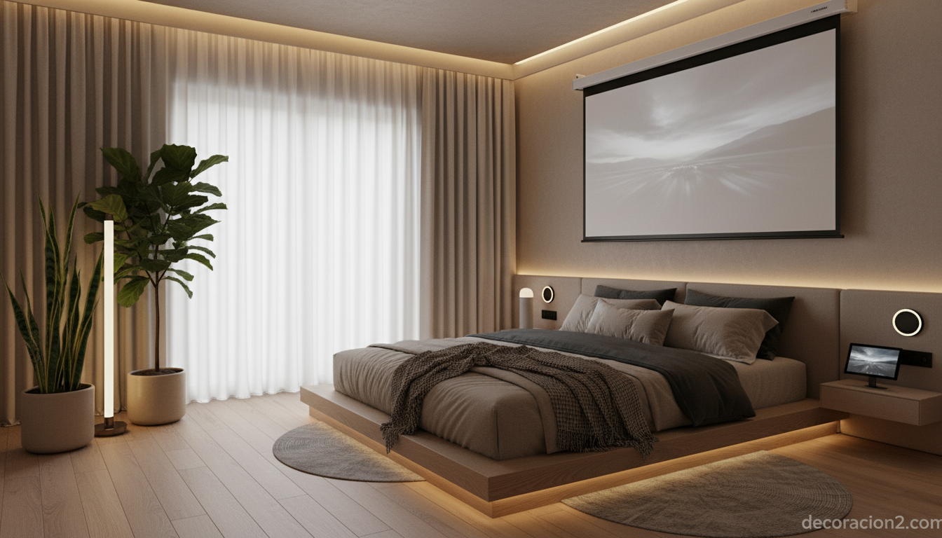 Dormitorio minimalista con pantalla de proyección retráctil sobre la cama