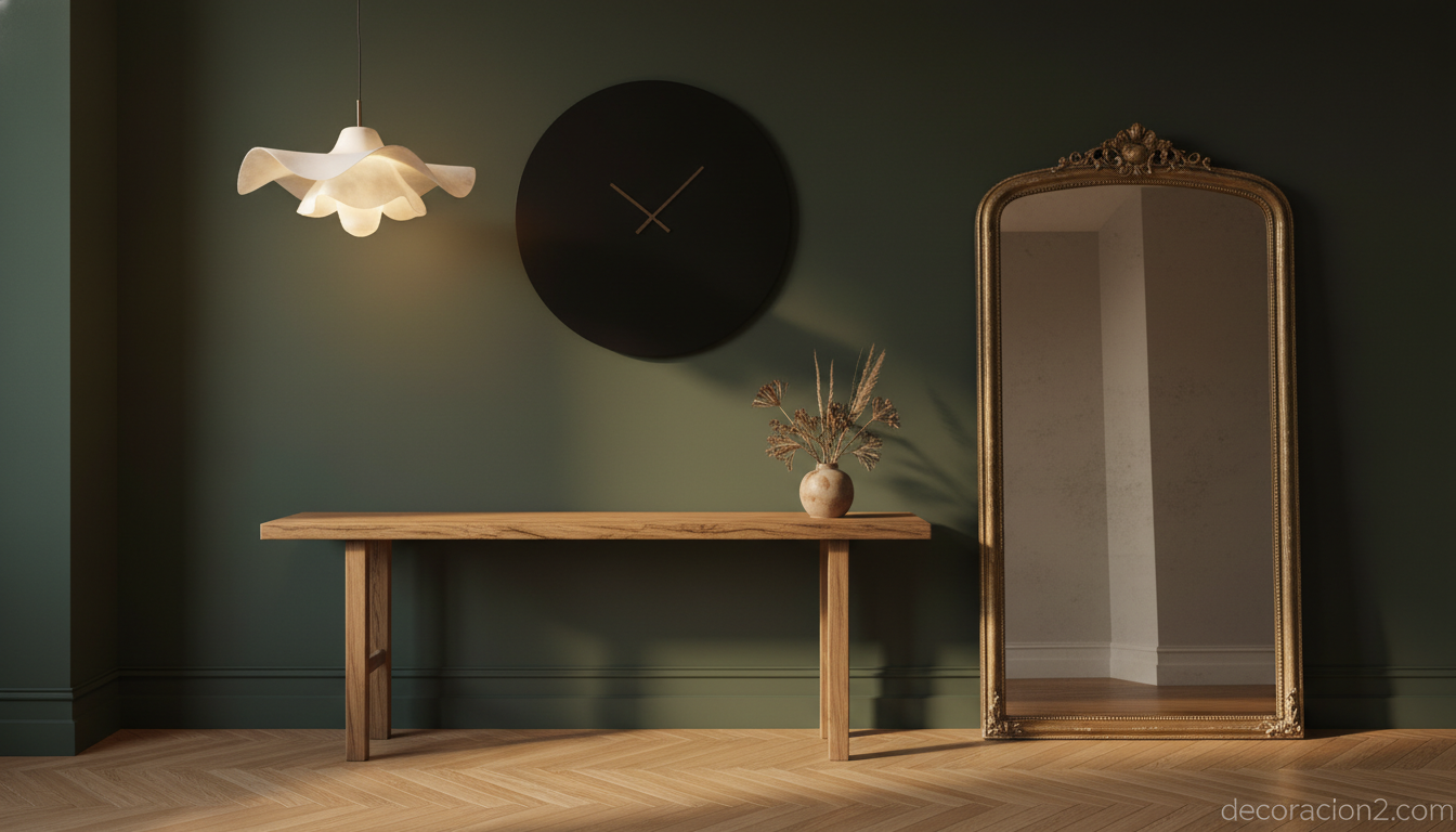 Recibidor con reloj de pared moderno grande y lámpara de diseño