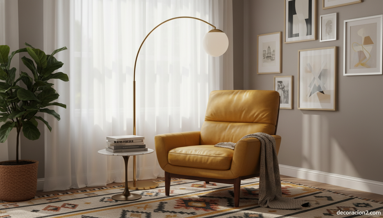 Rincón de lectura con sillón de diseño italiano amarillo y lámpara de pie