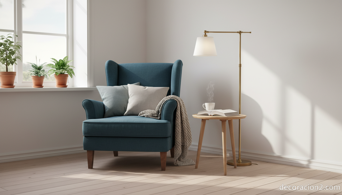 Rincón de lectura con sillón retro azul y lámpara de pie junto a ventana