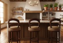 Banquetas de cocina renovadas con cuerda en cocina rústica mediterránea