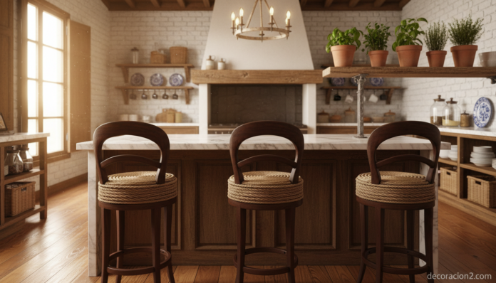Banquetas de cocina renovadas con cuerda en cocina rústica mediterránea