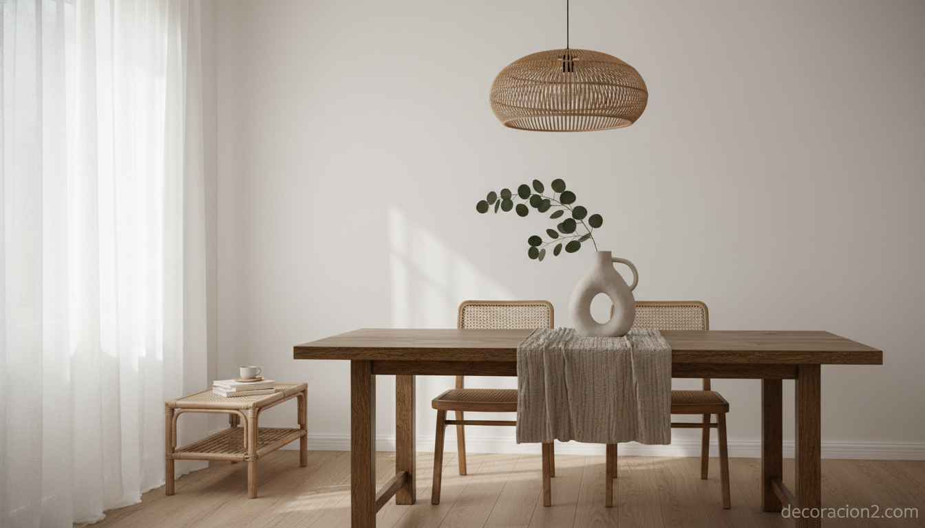Jarrón decorativo de cerámica en comedor japandi con eucalipto
