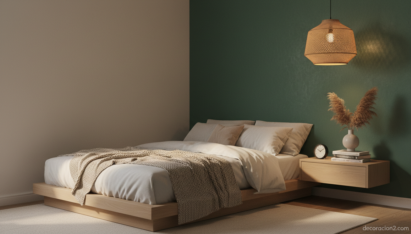 Lámpara colgante en dormitorio pequeño estilo japandi