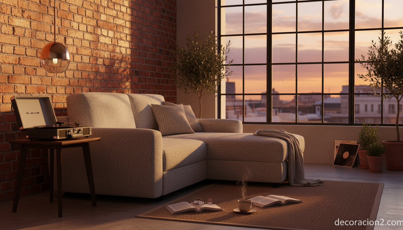 Mueble tres en uno en posición chaise longue en estudio pequeño industrial