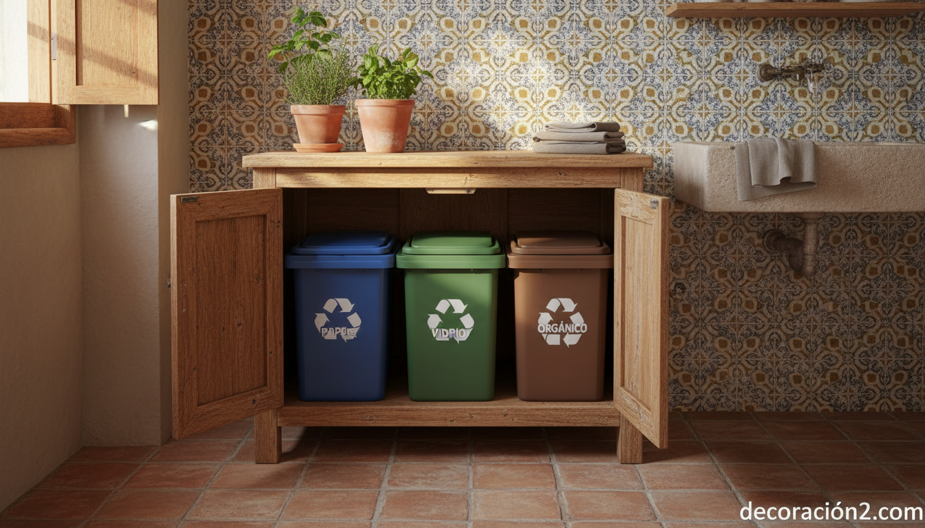 Cubos de reciclaje ocultos en mueble de madera en zona de servicio de estilo mediterráneo