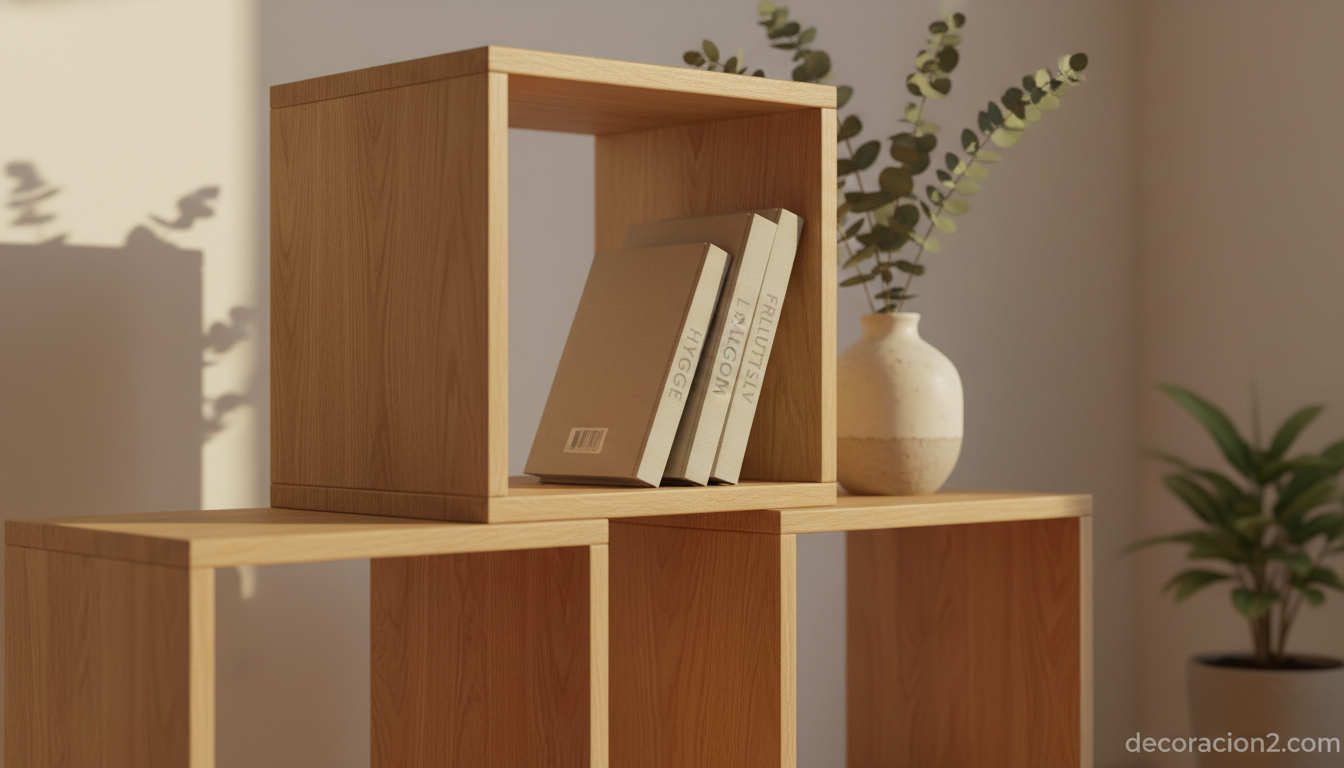Detalle de módulos de madera en estantería modular asimétrica