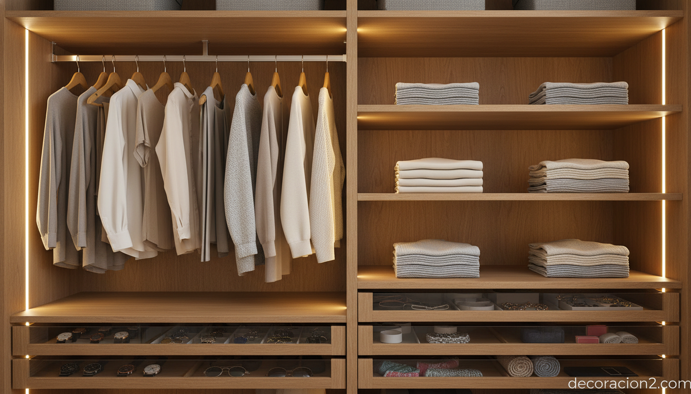 Interior del armario con cajones, baldas y barras para colgar ropa organizada