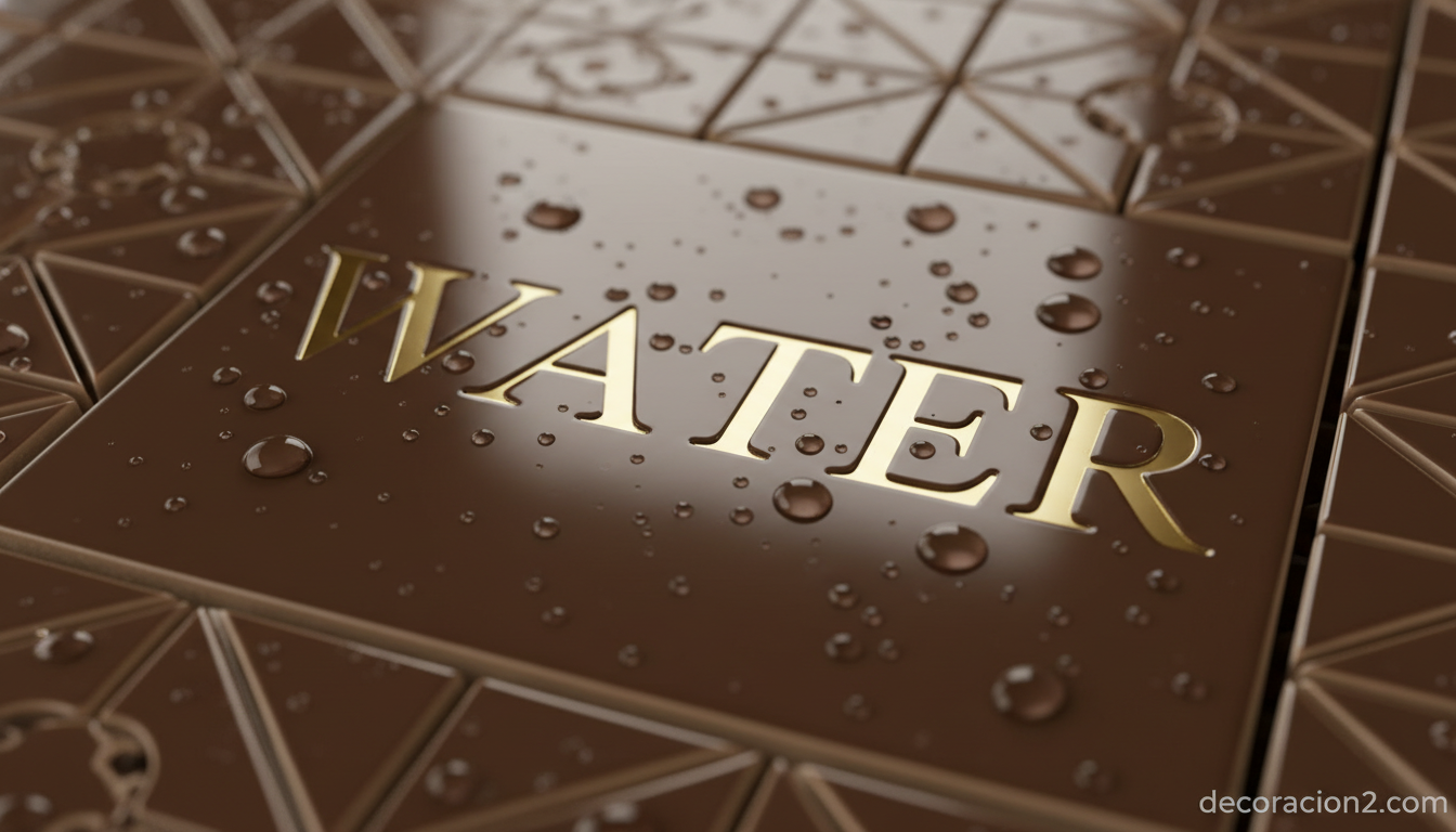 Detalle de azulejo cerámico marrón con la palabra Water en tipografía dorada