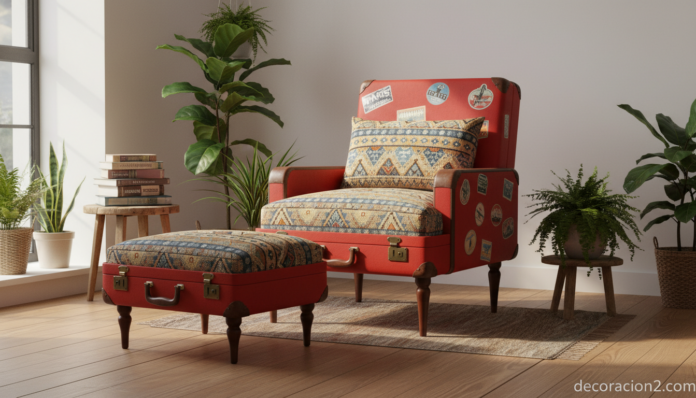 Maleta vintage convertida en silla y ottoman en salón decorado con estilo ecléctico