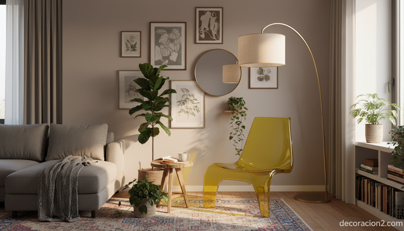 Silla amarilla de diseño como rincón de lectura en salón moderno