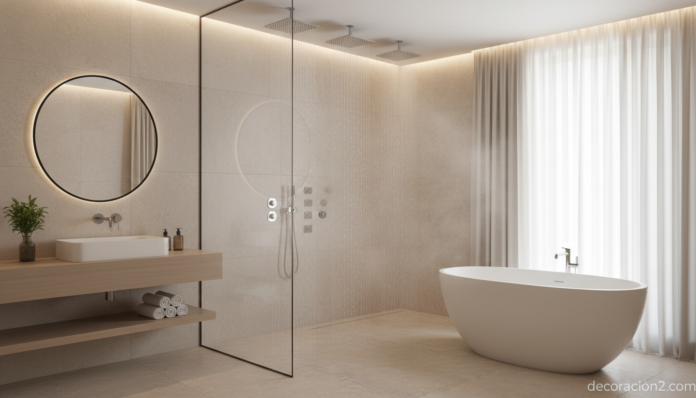Editorial interior photography of a luxurious modern bathroom with a large open shower area featuring multiple ceiling-mou... Ducha Water Tiles de Jacob Delafon en baño moderno minimalista con jets de techo