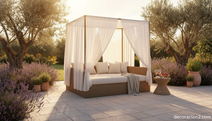 Editorial outdoor lifestyle photography of a large square daybed sofa with woven synthetic fiber and tall canopy in a sunn... Daydream de Dedon en jardín mediterráneo con dosel blanco y vegetación