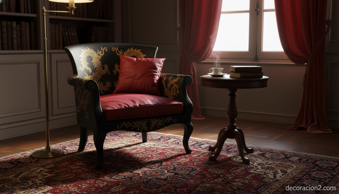 Sillón italiano de lujo lacado en negro con motivos orientales dorados en rincón de lectura