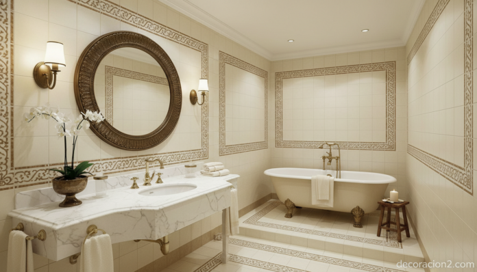 Baño clásico con azulejos de incrustaciones en bronce y grifería dorada