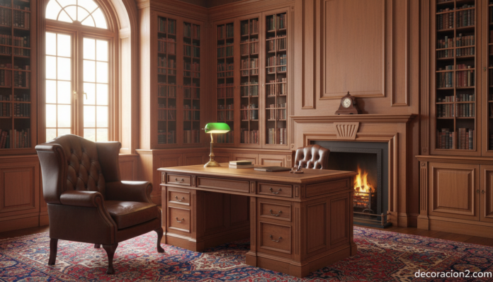 Salón clásico inglés con muebles de caoba y butaca Chesterfield