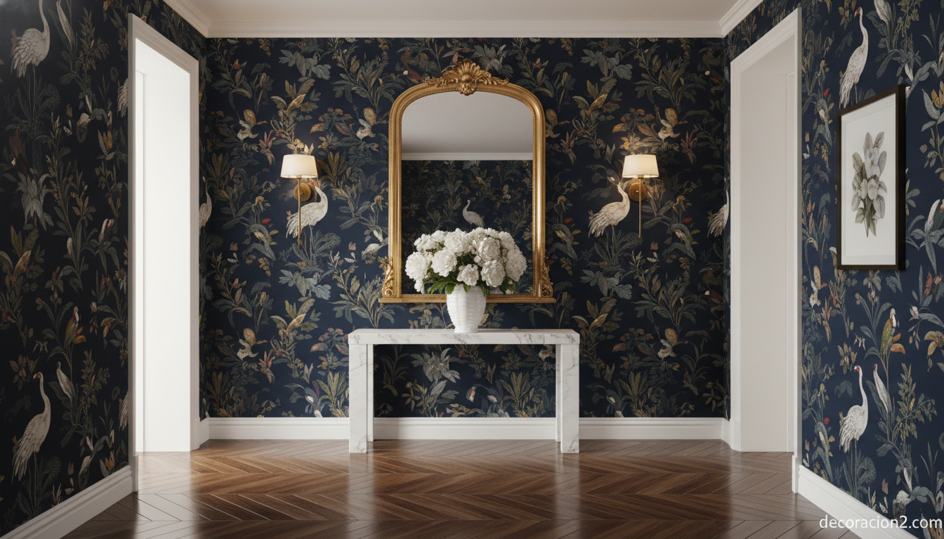 Recibidor decorado con papel pintado botánico azul marino con grullas, espejo dorado y consola de mármol