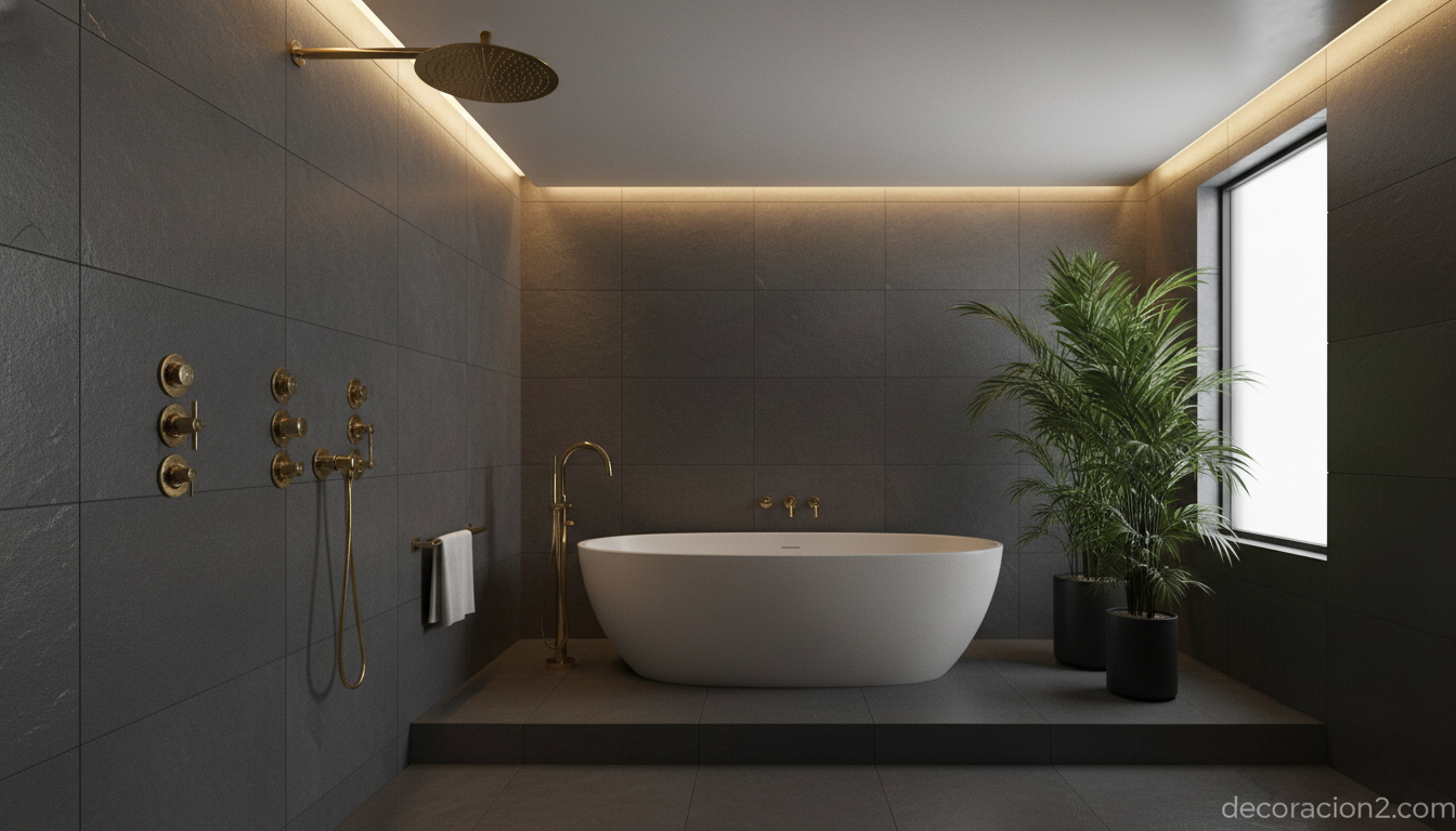 Ducha Water Tiles de Jacob Delafon: hidroterapia y diseño minimalista para tu baño 4 Baño estilo hotel con ducha de hidromasaje empotrada y revestimiento de pizarra
