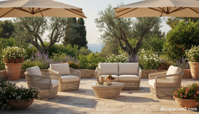 Colección Emu Wicker muebles de exterior italianos en jardín mediterráneo