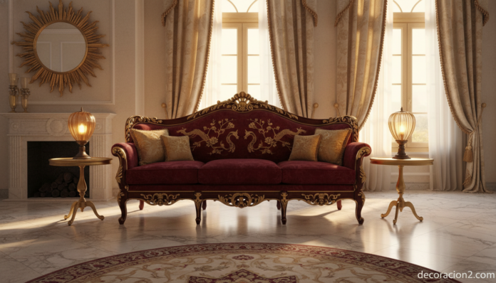 Salón con muebles de lujo italianos en granate y dorado estilo Roberto Ventura