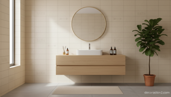Azulejos con mensajes tipográficos en pared de baño moderno con lavabo de madera