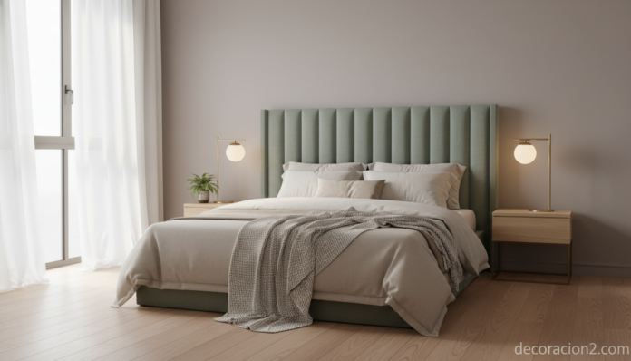 Dormitorio elegante con cabeceros de cama con estilo en lino verde salvia