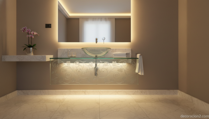 Colección Cristal de Eurobagno en baño italiano elegante con grabado de enredadera